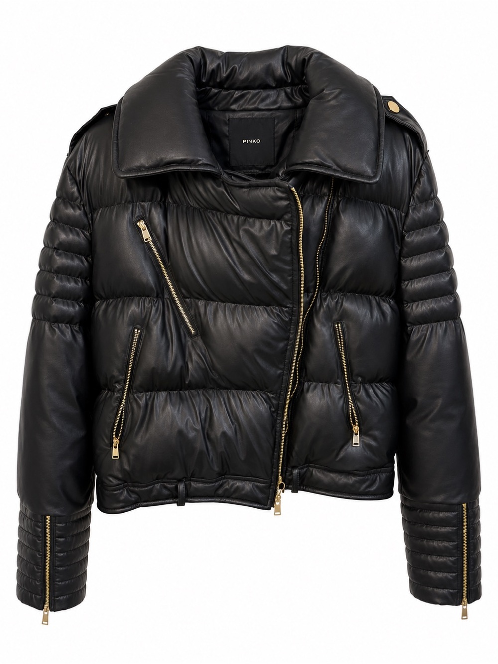 Pinko Black Quilted Leather Puffer Jacket biker, with Gold Hardware